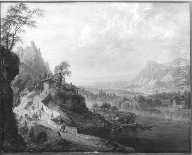Flusslandschaft mit Muhle und Brucke Oil Painting by Christian Georg Schutz