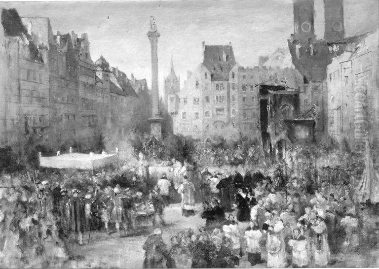 Fronleichnamsprozession auf dem Marienplatz in Munchen Oil Painting by Ludwig Von Hagn