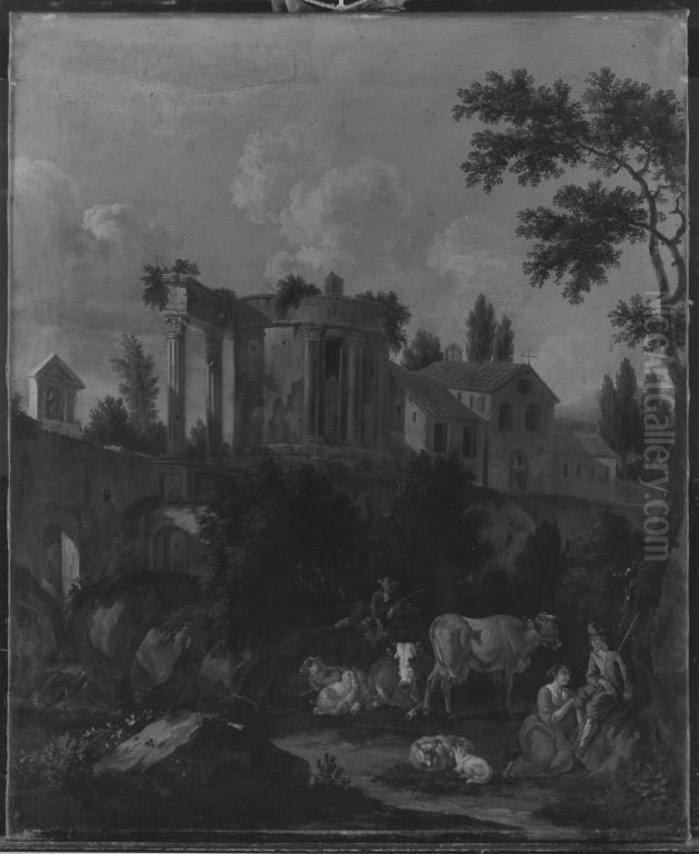 Italienische Landschaft mit Vieh und Hirten, antiker Ruine und Klosterkirche Oil Painting by Johannes van der Bent