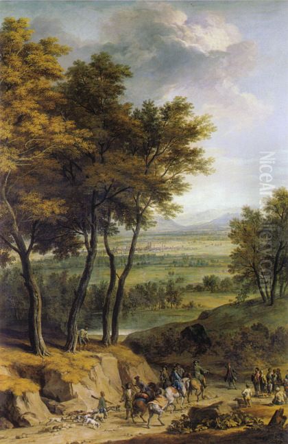 Landscape with view towards Munich, with a hunting party returning home Oil Painting by Franz Joachim Beich