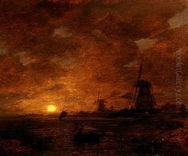 Hollandische Kustenlandschaft mit Windmuhlen Oil Painting by Andreas Achenbach