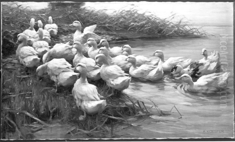 Grosser Entenzug aus dem Wasser Oil Painting by Alexander Koester