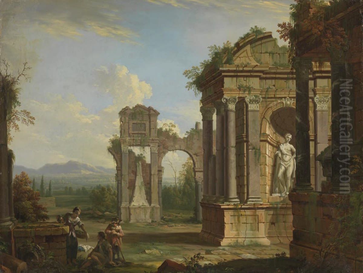Ruinenlandschaft mit Brunnenszene Oil Painting by Christian Georg Schutz