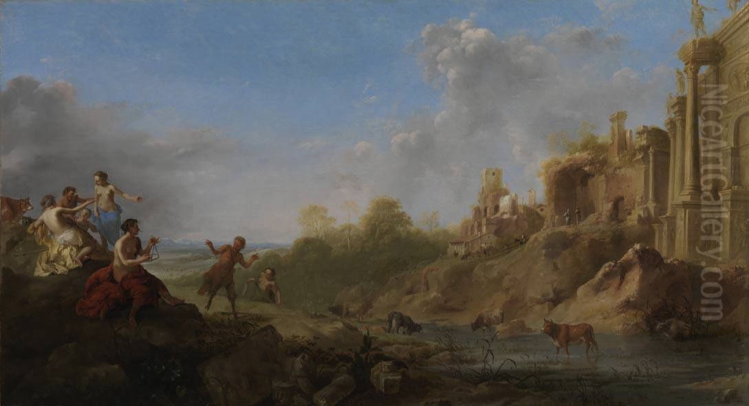 Ruinenlandschaft mit tanzendem Faun Oil Painting by Dirck Van Der Lisse