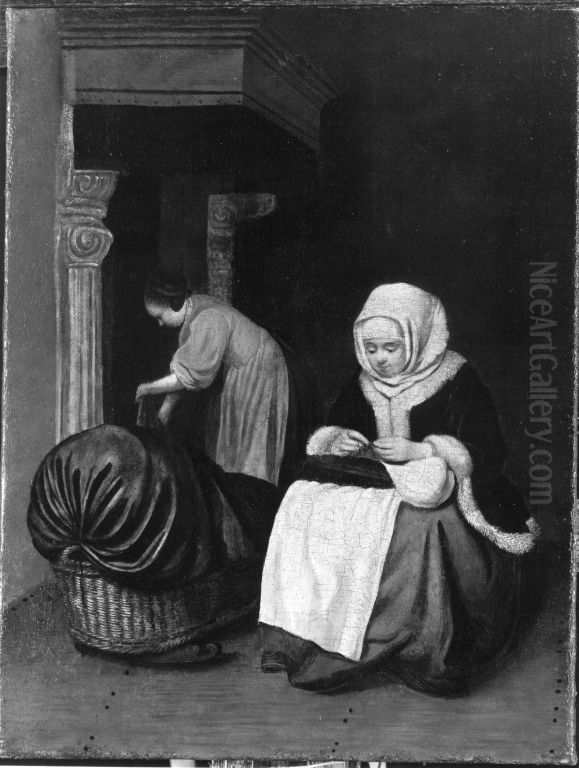 Woman sewing with Maid Oil Painting by Gerard Ter Borch