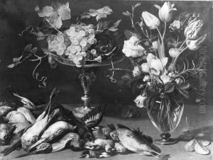 Stillleben mit Trauben, Blumen und toten Vogeln