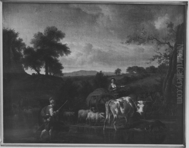 Viehherde an einer Furt Oil Painting by Adriaen Van De Velde