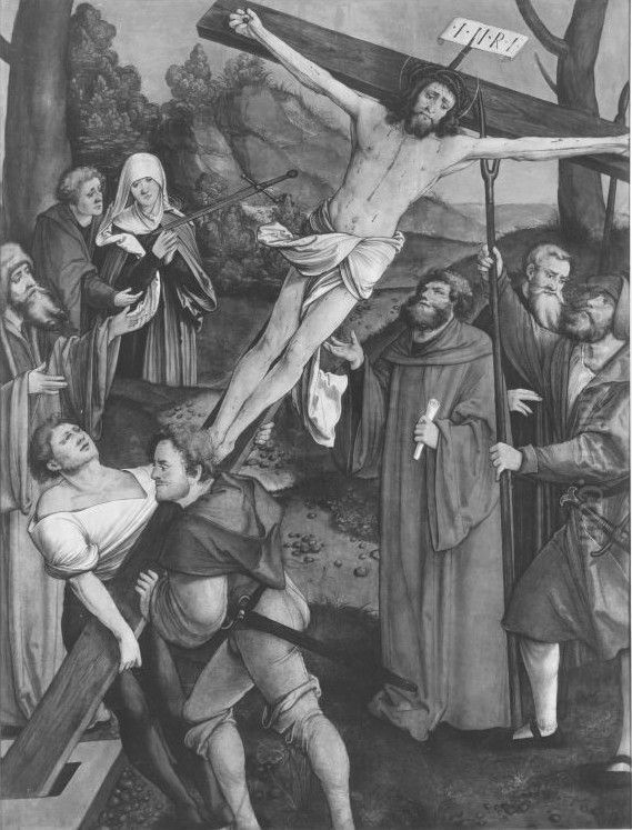 Fall Christi bei der Kreuzaufrichtung  (Abgetrennte Ruckseite von WAF 920) Oil Painting by Hans Leonhard Schaufelein