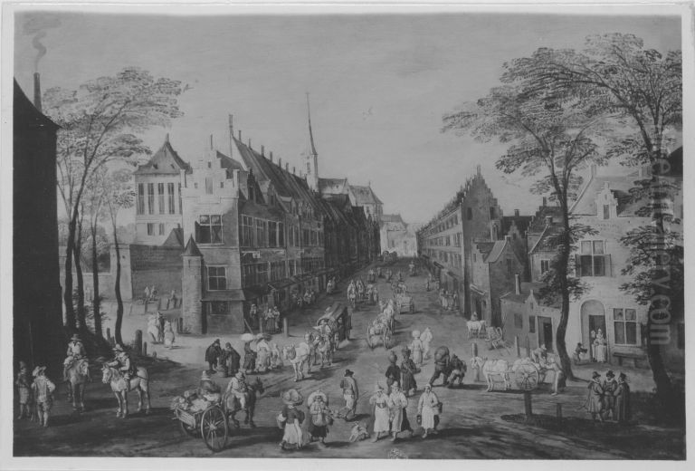 Belebte Strasse in einer flamischen Stadt Oil Painting by Sebastiaen Vrancx