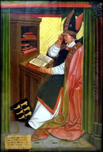 Saint Servatius as bishop of Tongres, reading at a desk