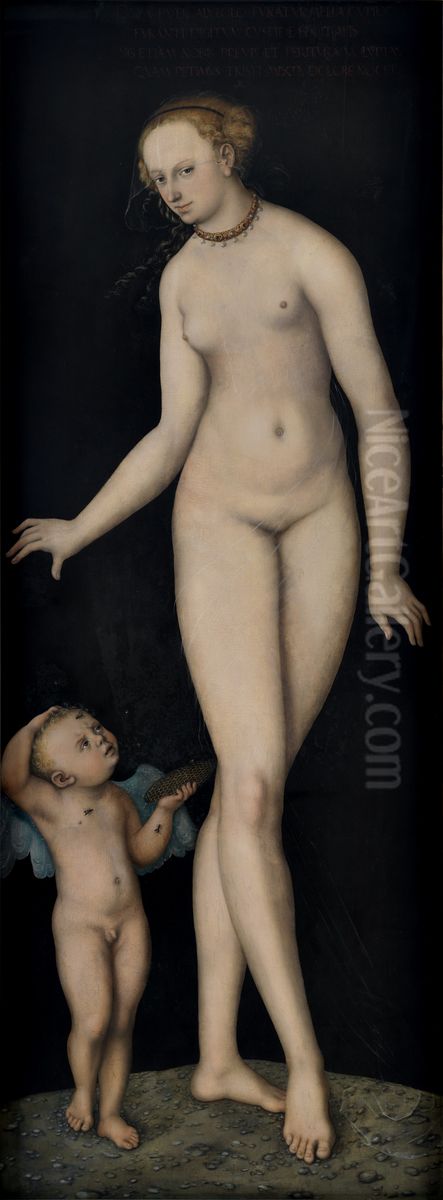 Venus with Cupid as a Honey Thief against a Black Background Oil Painting by Lucas Cranach the Elder