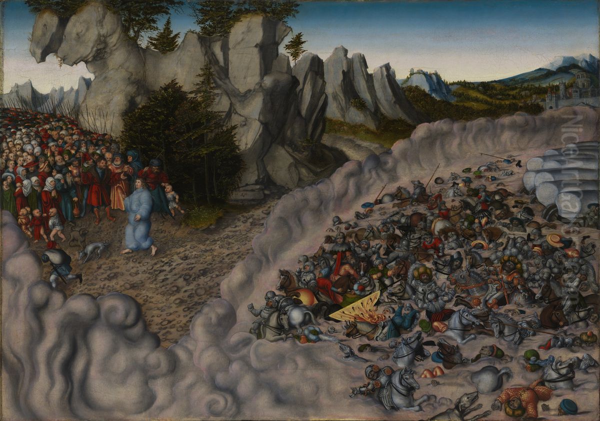 The Pharoah's Hosts engulfed in the Red Sea Oil Painting by Lucas Cranach the Elder