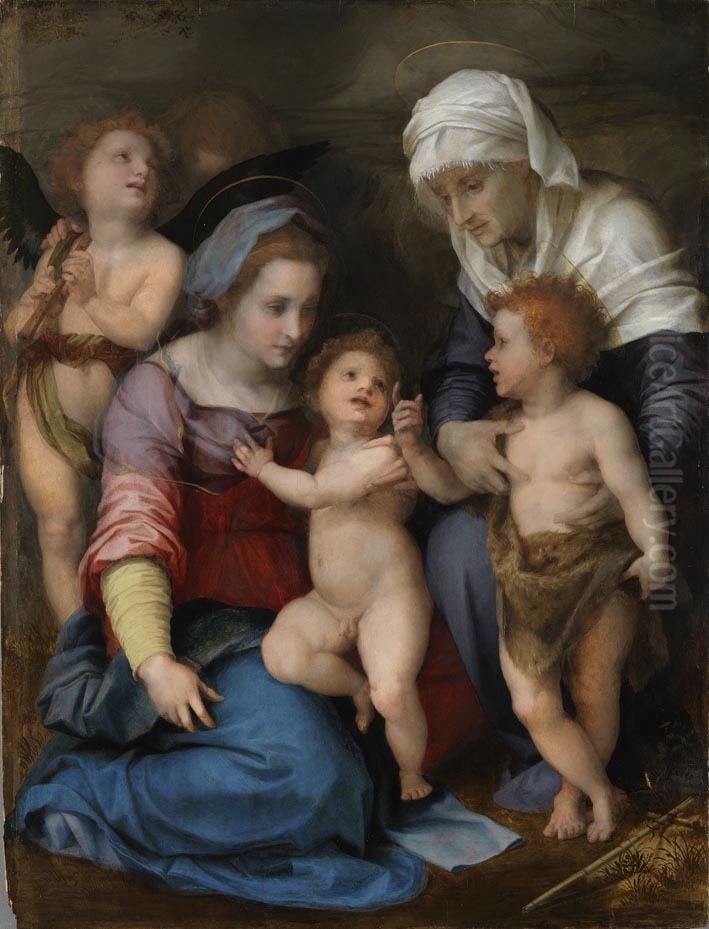 Heilige Familie (Maria mit Kind, dem Johannesknaben, der hl. Elisabeth und zwei Engeln) Oil Painting by Andrea Del Sarto