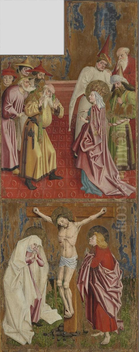 Kreuzaltar, Flugelaussenseite: Die Kaiserin Helena befragt die Juden und Kreuzigung Christi Oil Painting by Master of the Polling Panels