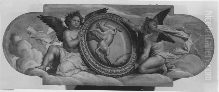 Zwei Engel mit Pegasus-Schild Oil Painting by Peter Candid