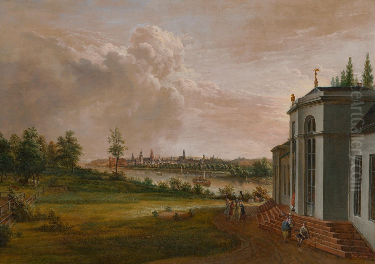 Blick auf Mainz von der Petersaue mit dem kurfurstlichen Lustschloss Oil Painting by Christian Georg Schutz