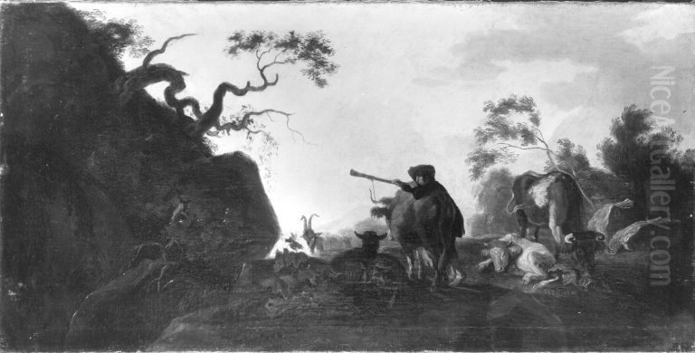 Hirt mit Herde (Der Mittag) Oil Painting by Ferdinand Kobell