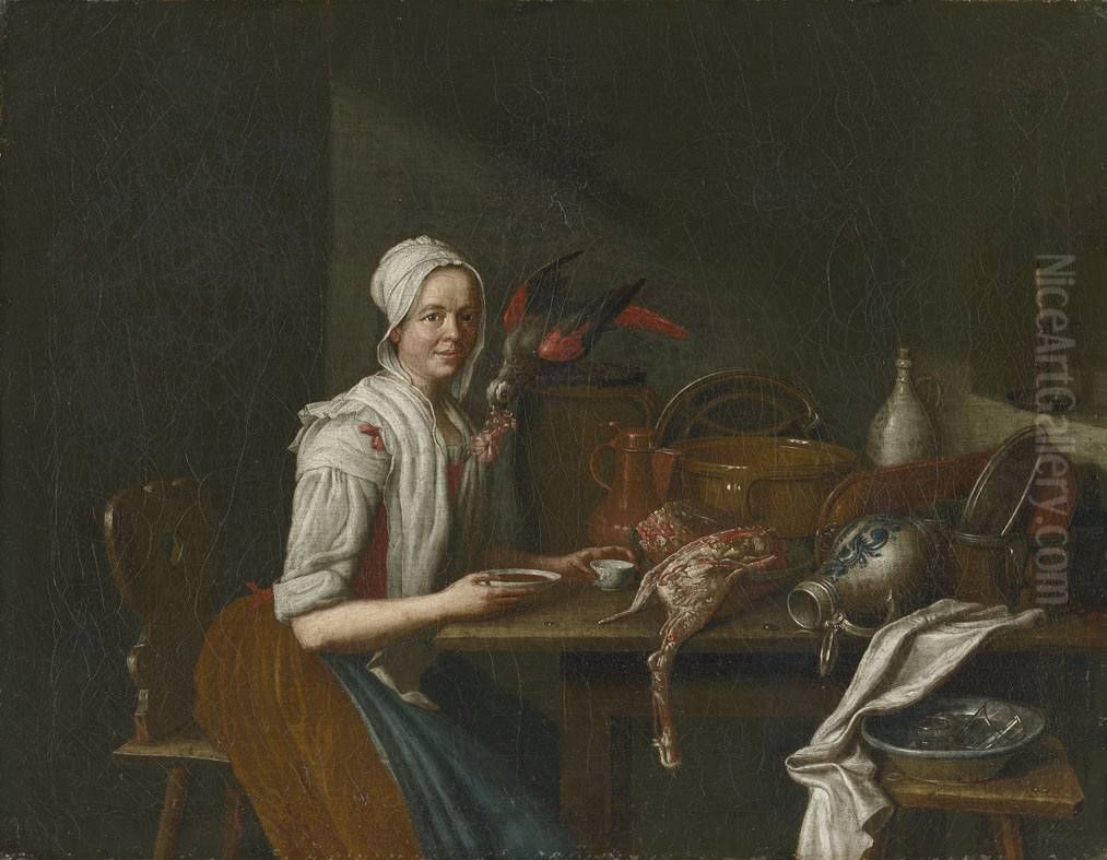 Kuchenstillleben mit weiblicher Figur und Papagei Oil Painting by Peter Jacob Horemans