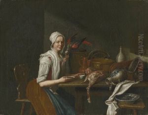 Kuchenstillleben mit weiblicher Figur und Papagei