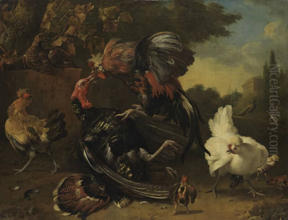 Kampf zwischen Hahn und Truthahn Oil Painting by Melchior D'Hondecoeter