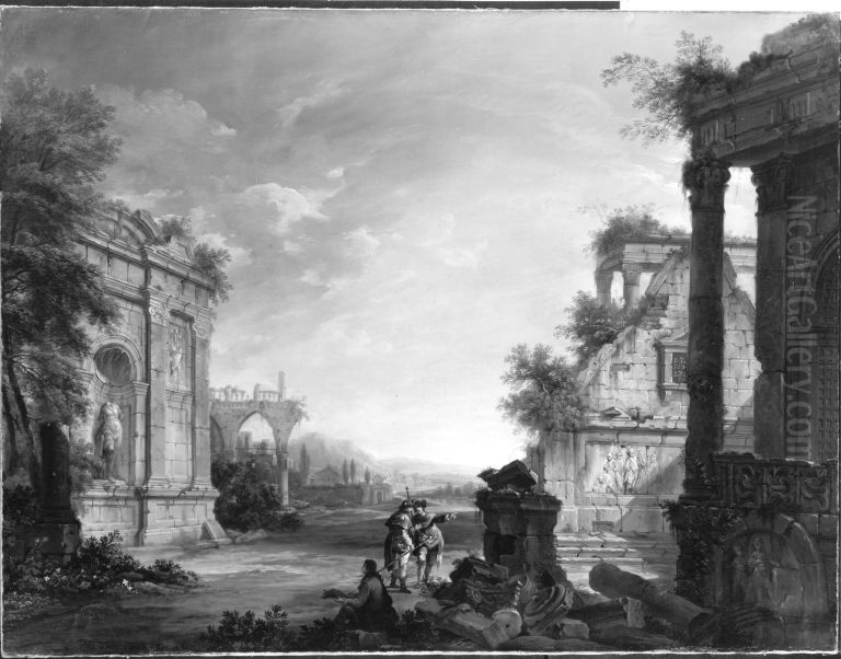 Ruinen vor einer Flusslandschaft Oil Painting by Christian Georg Schutz