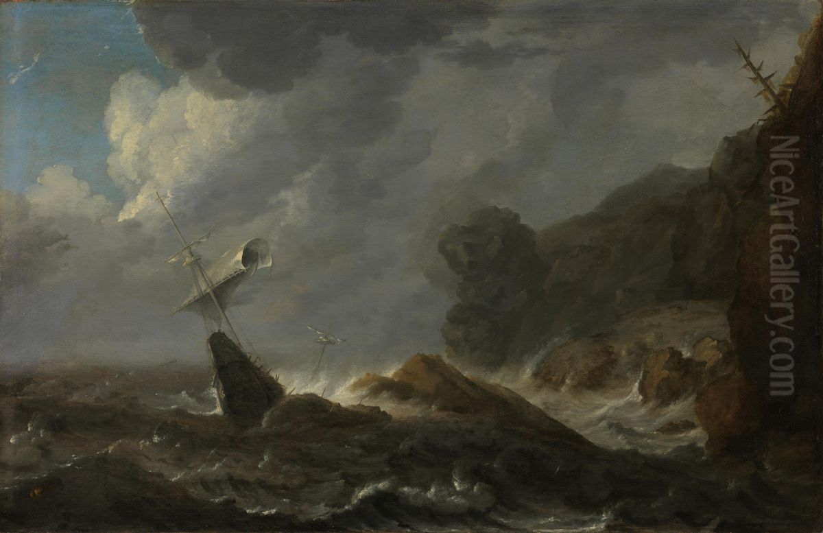 Schipbreuk voor een rotsachtige kust Oil Painting by Allaert van Everdingen
