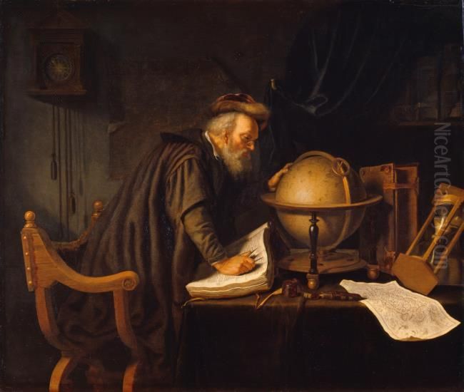 Old Man with a Globe Oil Painting by Gerrit Dou
