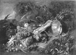 Waldbodenstillleben mit Fruchten und Kupferkessel