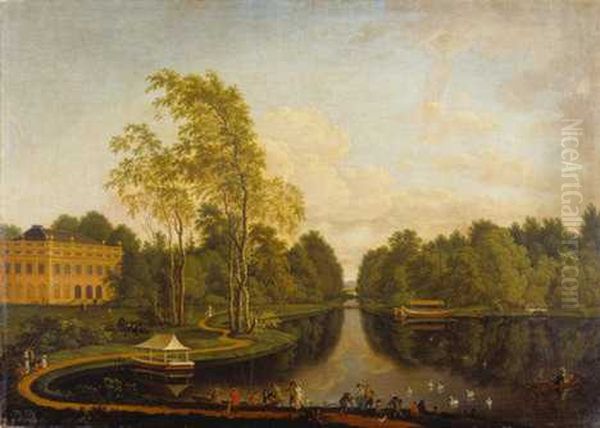 Ehemaliger oberer See mit Schloss Schonbusch (Aschaffenburg) und Kanal. Oil Painting by Ferdinand Kobell