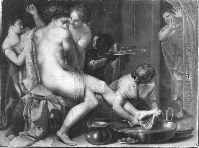 Gyges erblickt die Frau des Kandaulus Oil Painting by Pietro Liberi