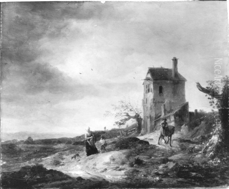 Baumlose Gegend mit Haus Oil Painting by Adriaen Van Der Cabel
