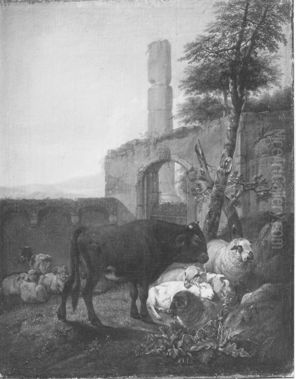 Ein brauner Stier und ruhende Schafe in antiker Ruine Oil Painting by Johann Heinrich Roos