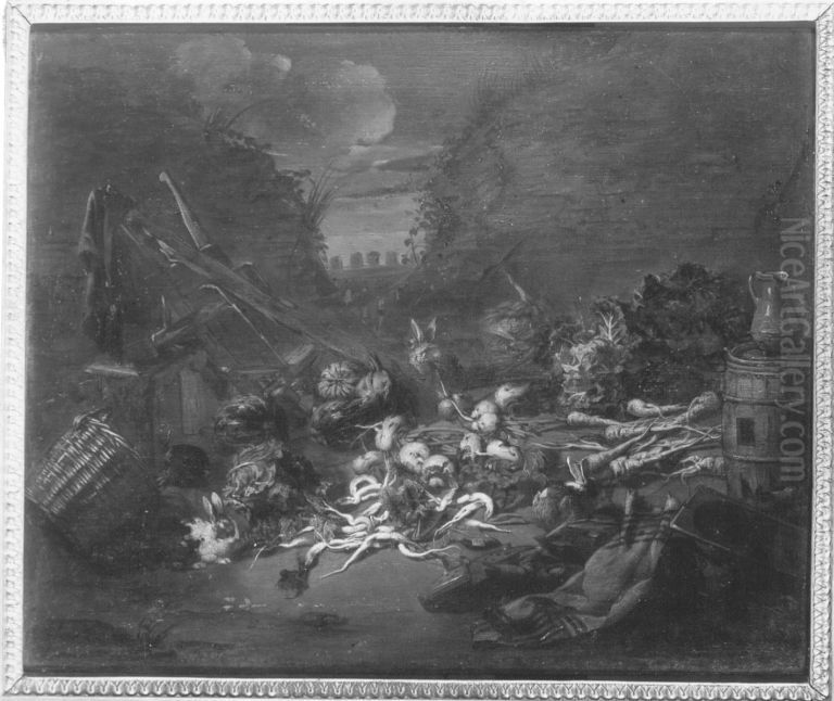 Gemusestillleben und Kuchengerat in offener Landschaft Oil Painting by Jan van, the Younger Kessel