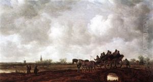 Landschaft mit Pferdewagen auf einer Brucke
