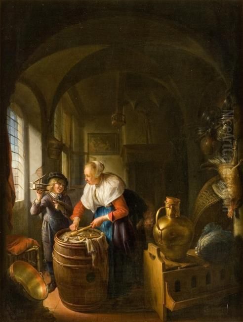 Kitchen scene with a woman and a boy with a mousetrap Oil Painting by Gerrit Dou