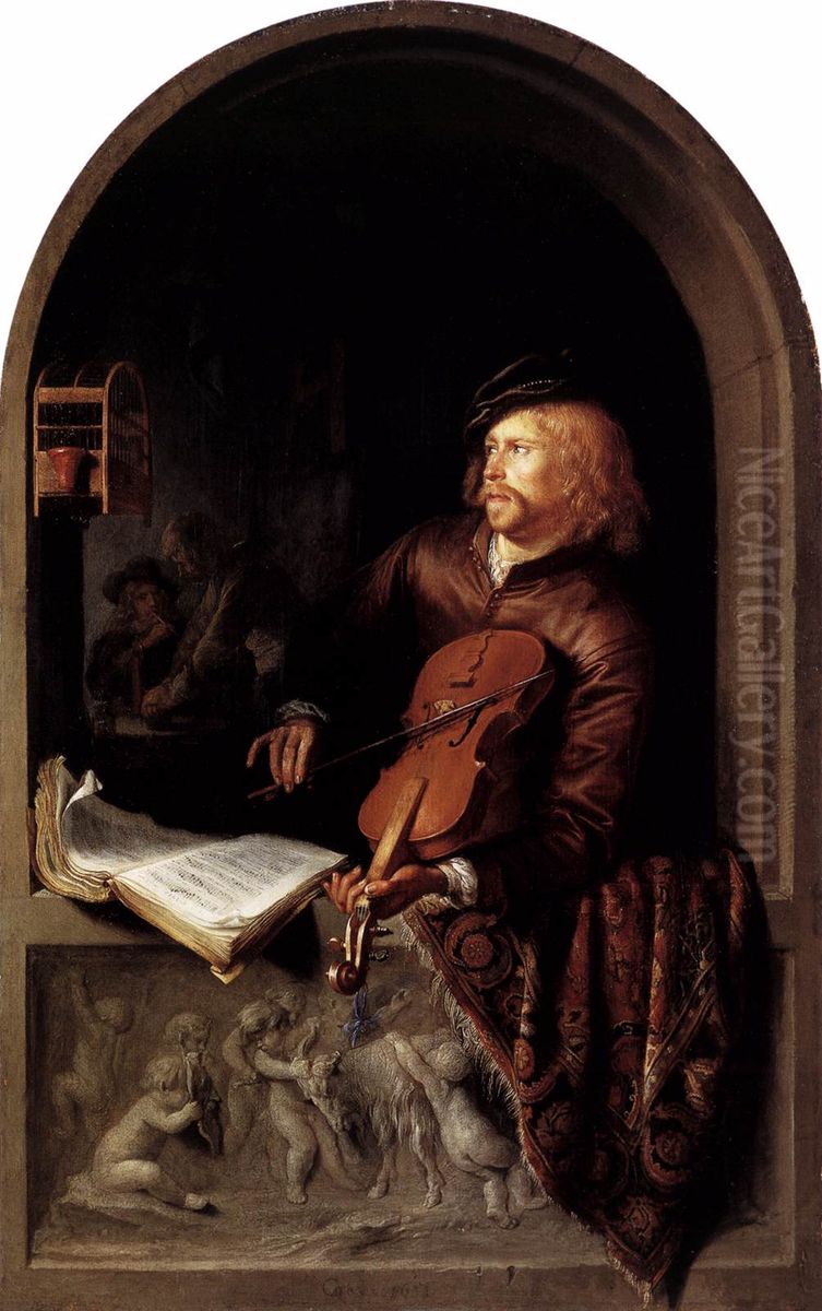 Violin player in a window Oil Painting by Gerrit Dou
