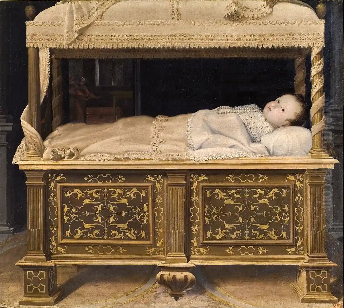Newborn Baby in a Crib Oil Painting by Lavinia Fontana