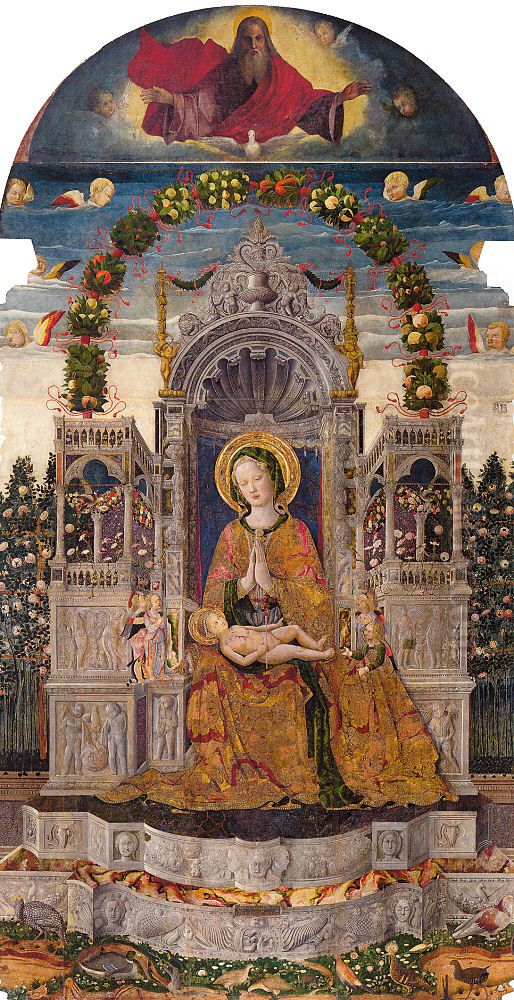 Madonna na tronie z Dzieciatkiem na tle kwiatow i owocow Oil Painting by Fra Antonio da Negroponte