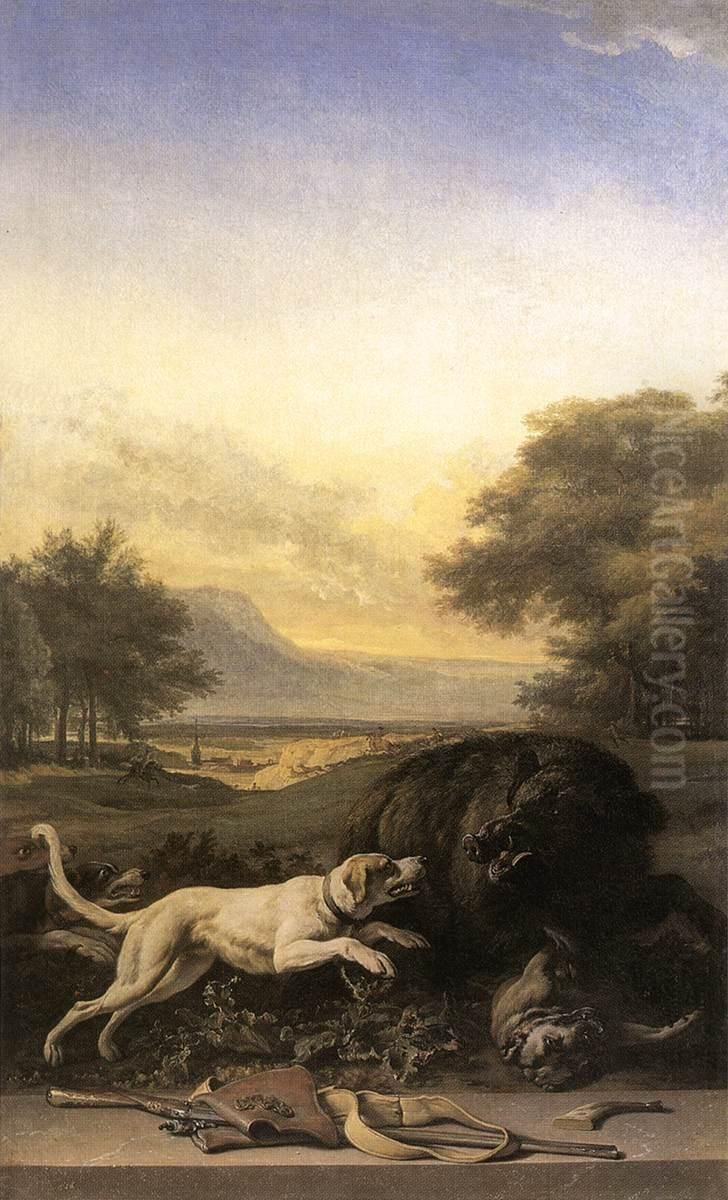 Boar Hunt Oil Painting by Jan Weenix