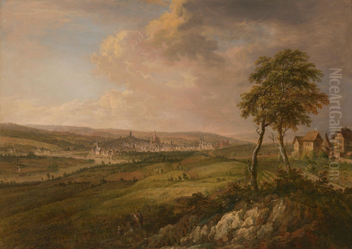 Blick auf die Mainmundung und die Stadt Mainz von Hochheim aus Oil Painting by Christian Georg Schutz
