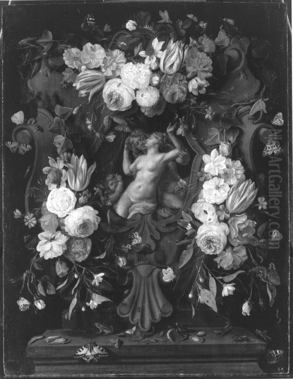Blumenstuck mit Venus, Adonis und Amor Oil Painting by Jan van, the Younger Kessel