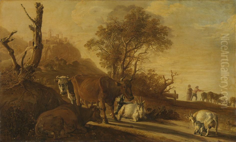 Landschaft mit ruhenden Kuhen und Ziegen Oil Painting by Paulus Potter