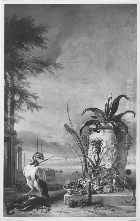 Stillleben mit exotischen Pflanzen, Konigsgeier, Papagei und Affe Oil Painting by Jan Weenix