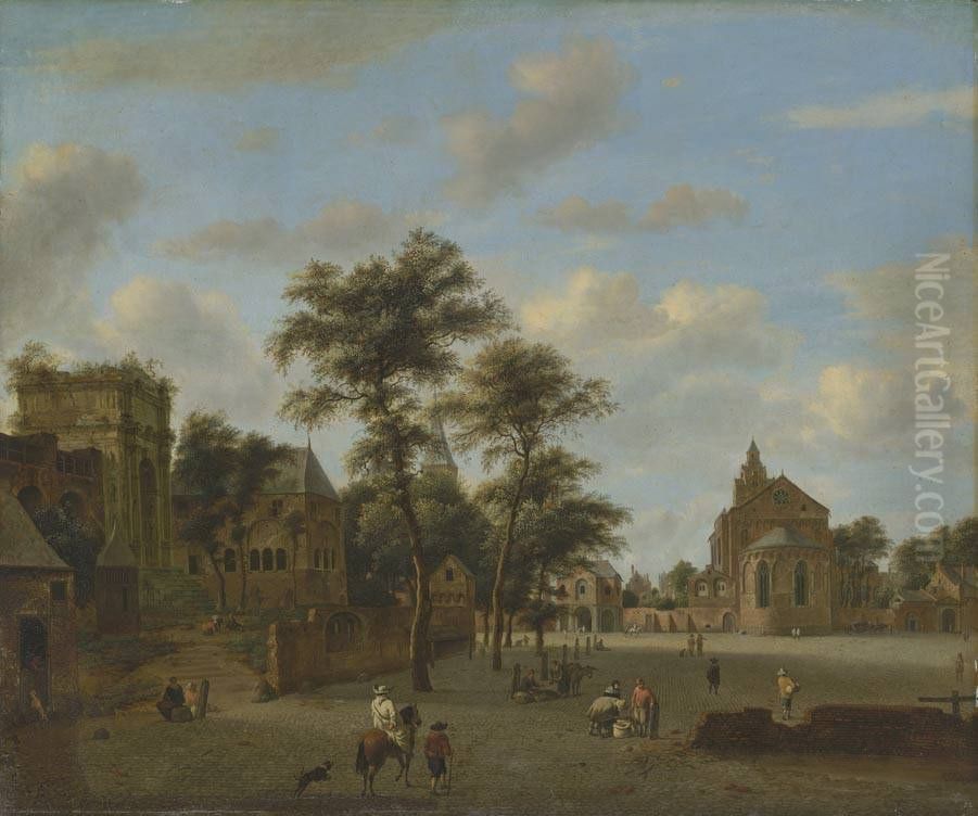 A Square with Four Churches Oil Painting by Jan Van Der Heyden