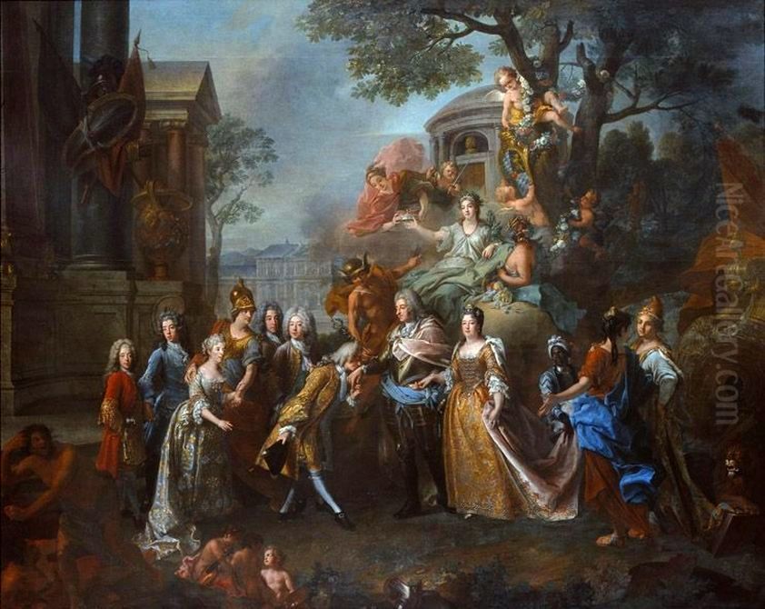 Allegory of Elector Max Emanuel being reunited with his family. Oil Painting by Joseph Vivien
