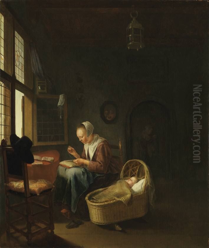 Eine nahende Mutter mit ihrem Kind Oil Painting by Pieter Cornelisz van Slingelandt