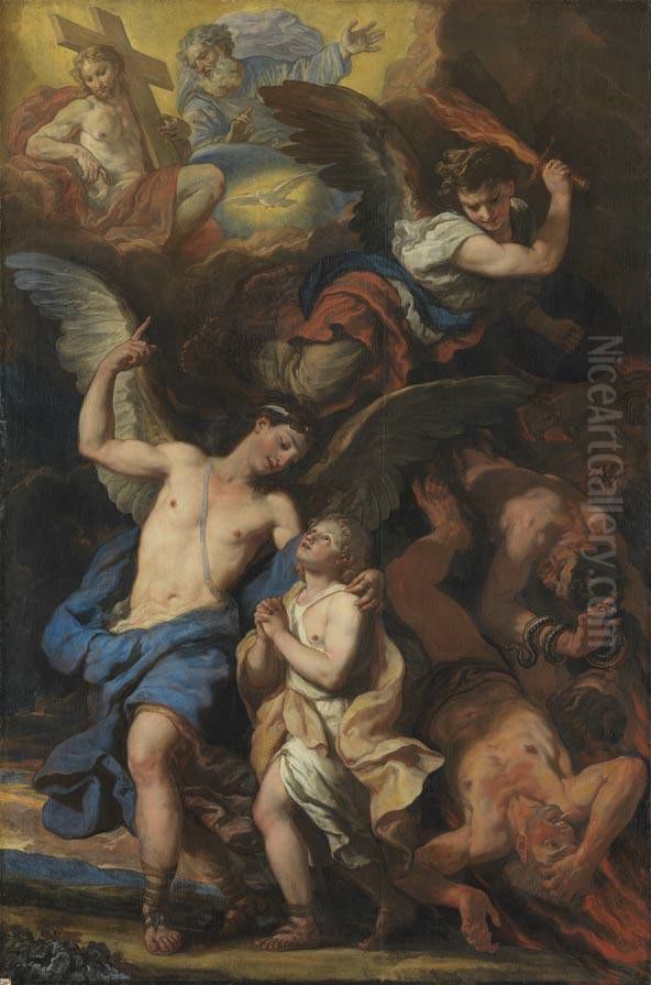 Der Schutzengel und der Erzengel Michael Oil Painting by Johann Carl Loth
