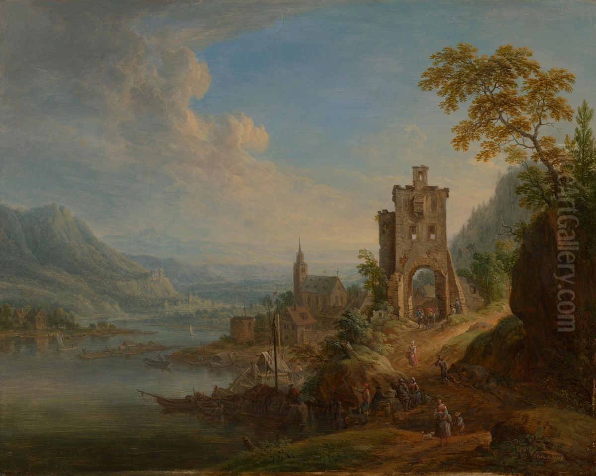 Flusslandschaft mit verfallenem Stadttor Oil Painting by Christian Georg Schutz