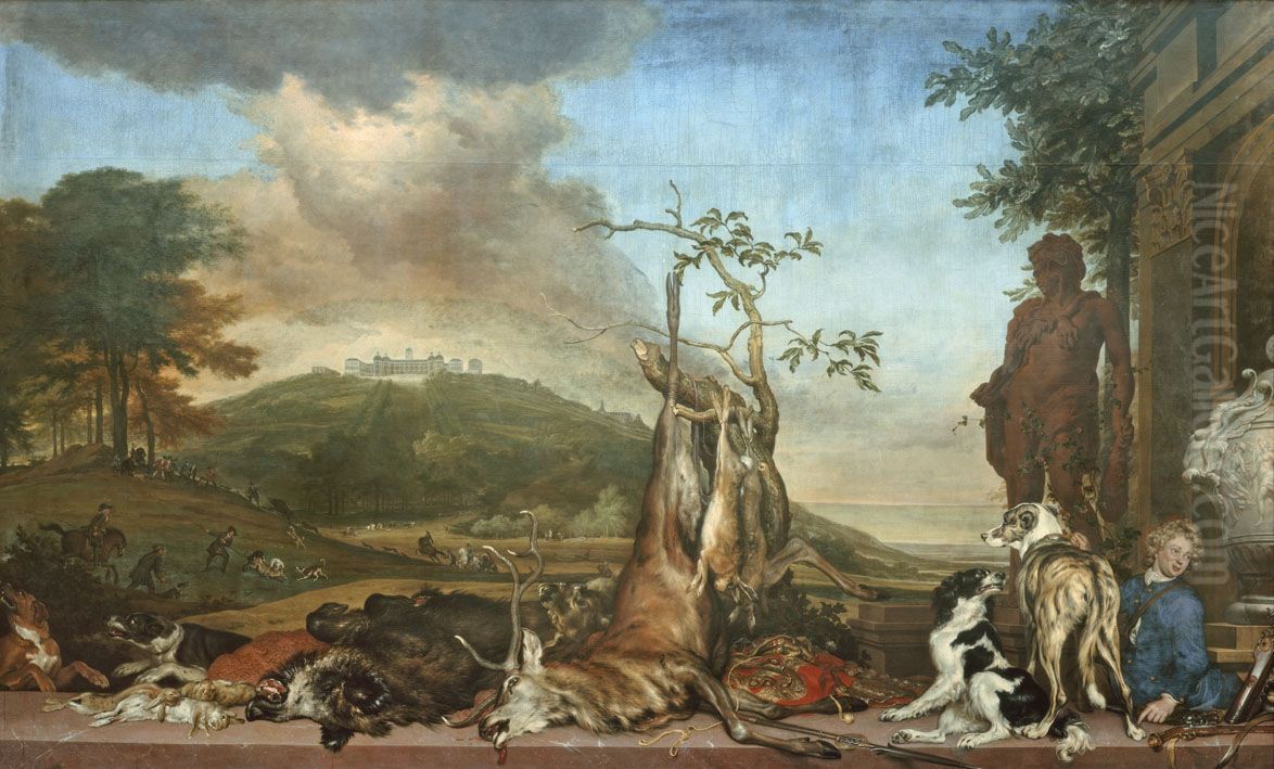 Jagdstillleben vor einer Landschaft mit Schloss Bensberg Oil Painting by Jan Weenix