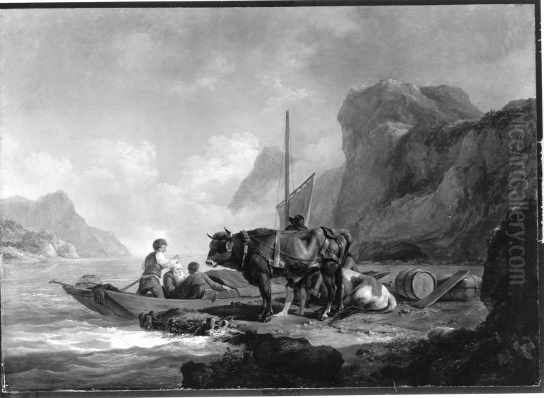 Landleute am Ufer eines Gebirgssees Oil Painting by Carl Kuntz